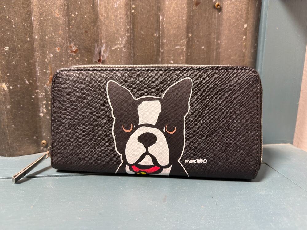 Marc Tetro NEW Boston Terrier Dog Zip Around Wallet Black Faux Saffiano Leather